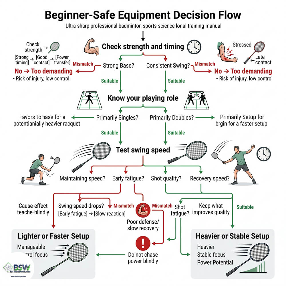 Badminton player selecting a heavier racquet for improved momentum and smash power