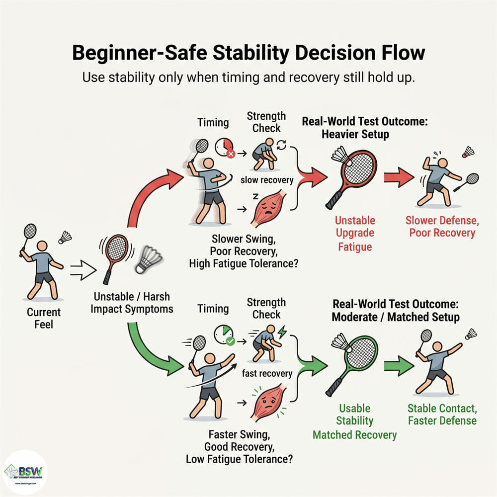 Badminton player selecting a heavier racquet for improved stability and vibration control