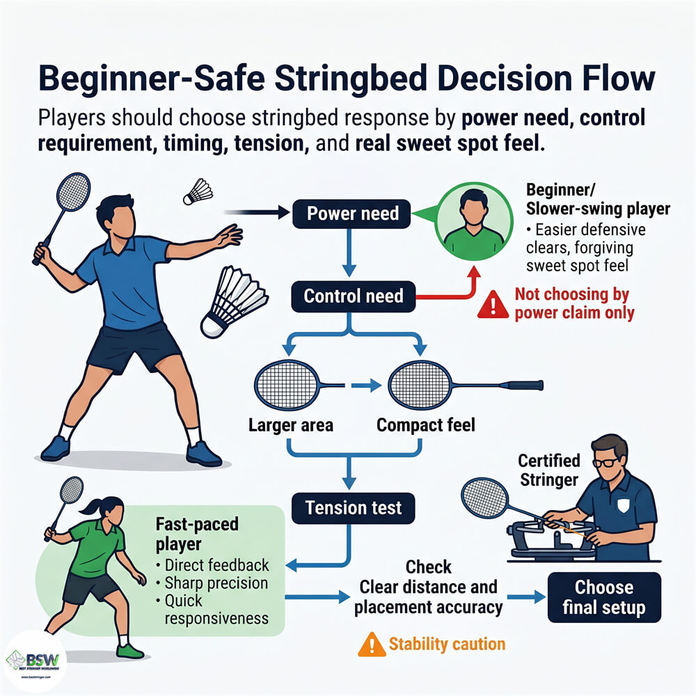 Badminton player selecting a larger stringbed area for improved trampoline effect and rebound power