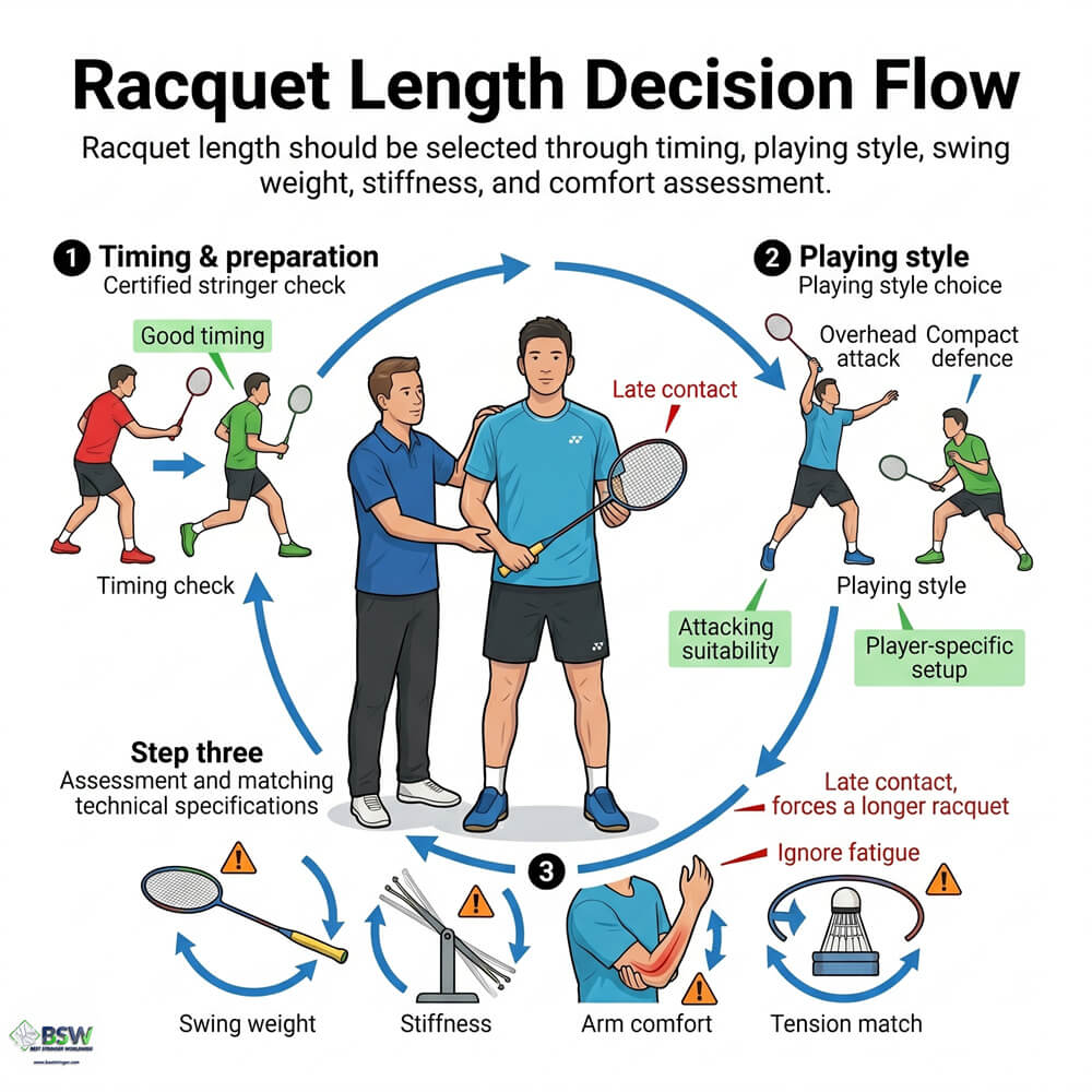 Badminton player selecting a longer badminton racquet for overhead attacks and wider reach