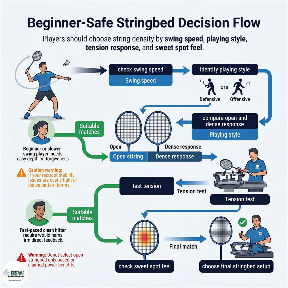 Badminton player selecting a racquet based on string density and open string pattern response
