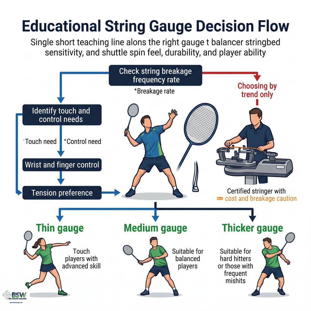 Badminton player selecting a suitable string gauge for improved spin and touch