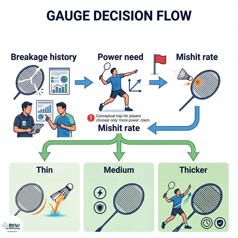 Badminton player selecting a thinner badminton string for improved repulsion and easier clears