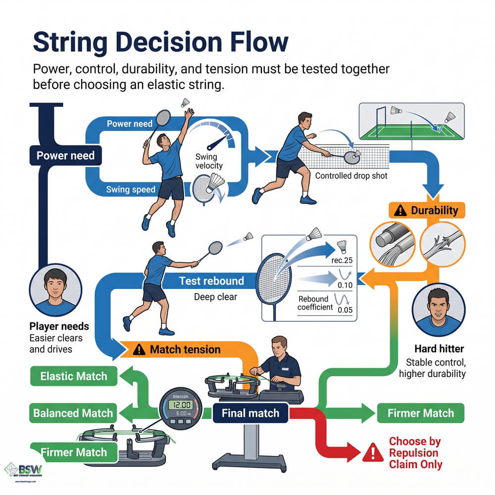 Badminton player selecting an elastic badminton string for improved shuttle rebound and power