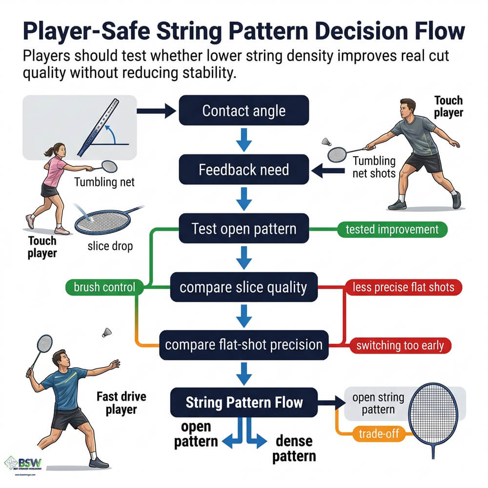 Badminton player selecting an open string pattern racquet design for improved slice effect and shuttle rotation