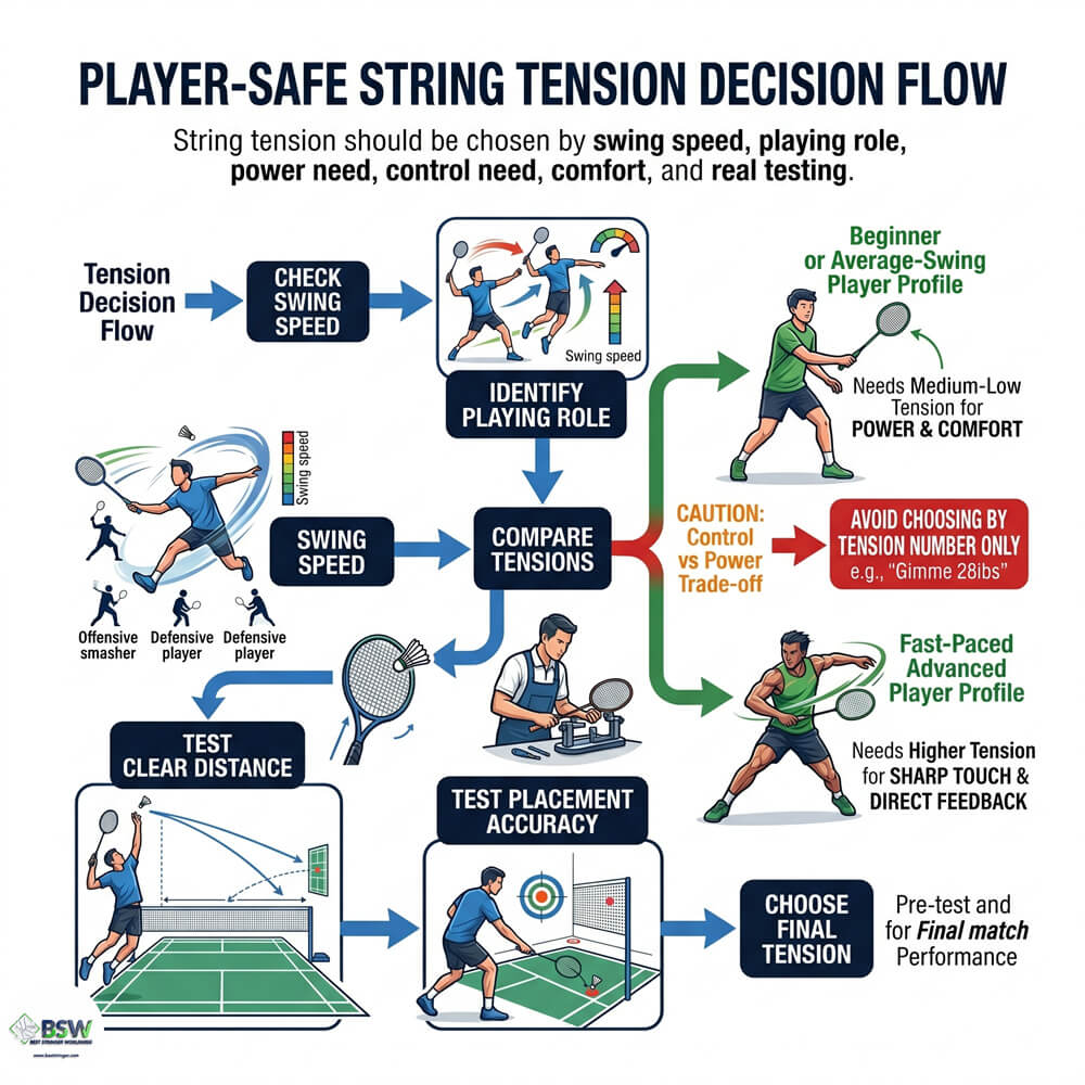 Badminton player selecting lower string tension for improved trampoline effect and power