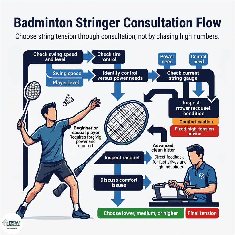 Badminton player selecting lower tension for easier power and comfort