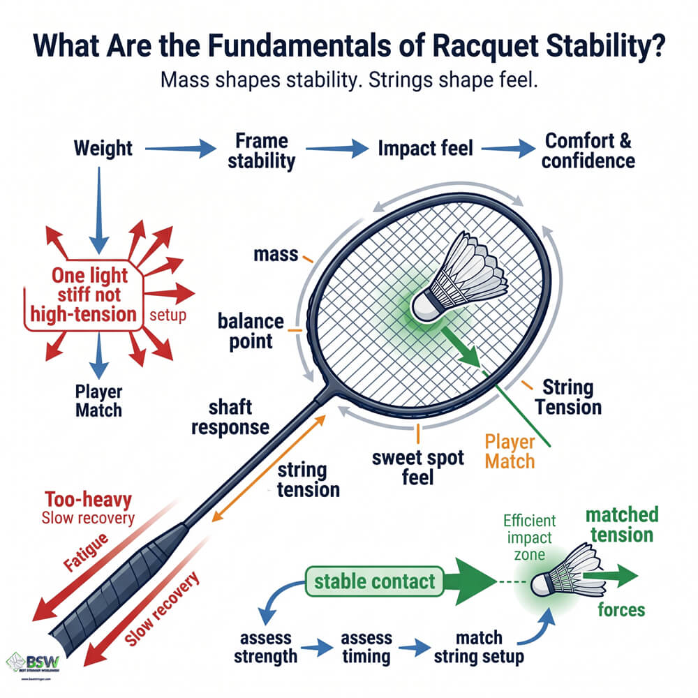 Badminton racket vibration and frame stability showing a close-up of a heavier badminton racquet head