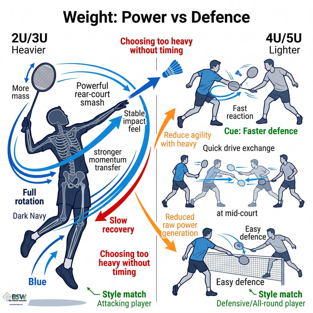 Badminton racquet U weight system guide for power, defence and handling