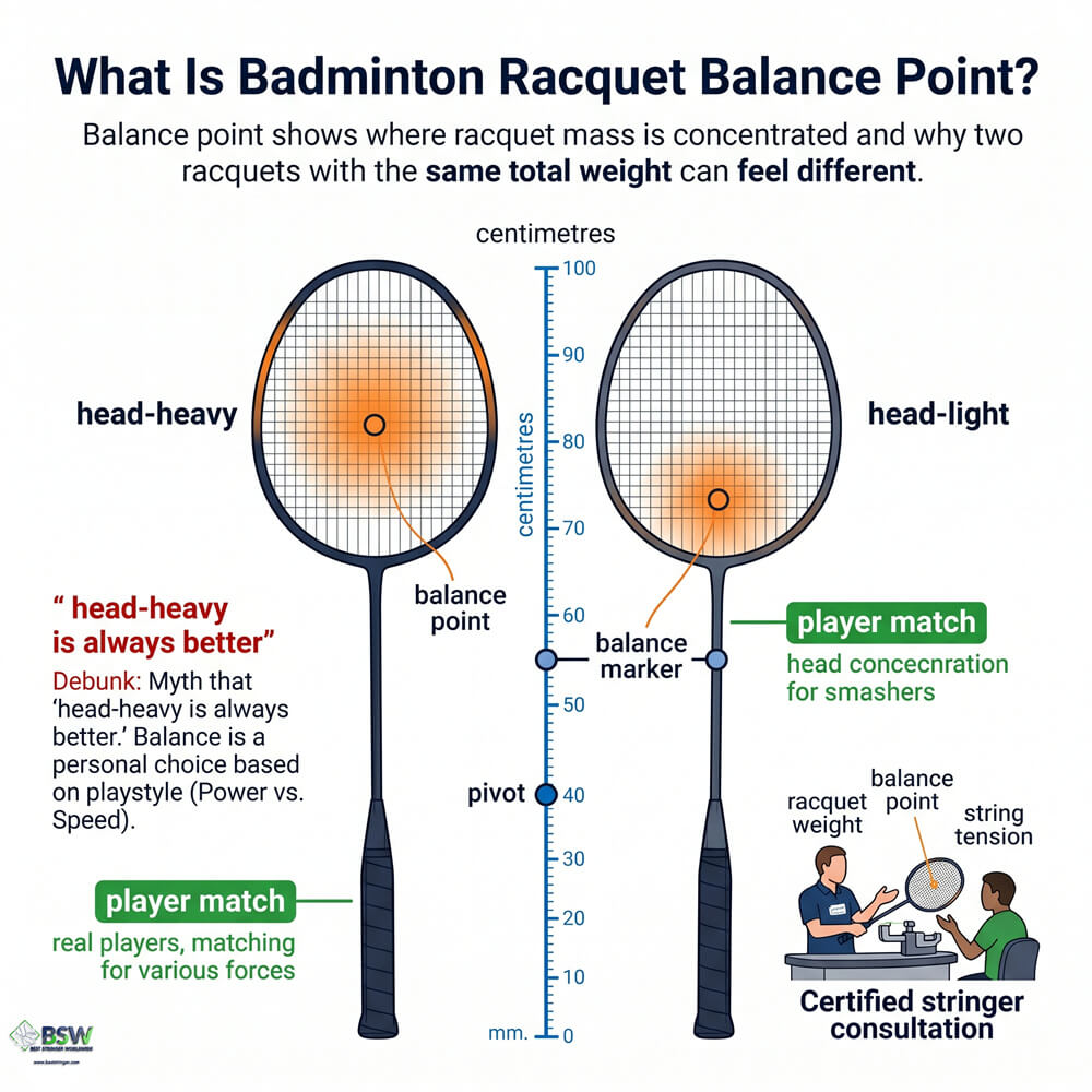 Badminton racquet balance point comparison showing head-heavy and head-light racquets