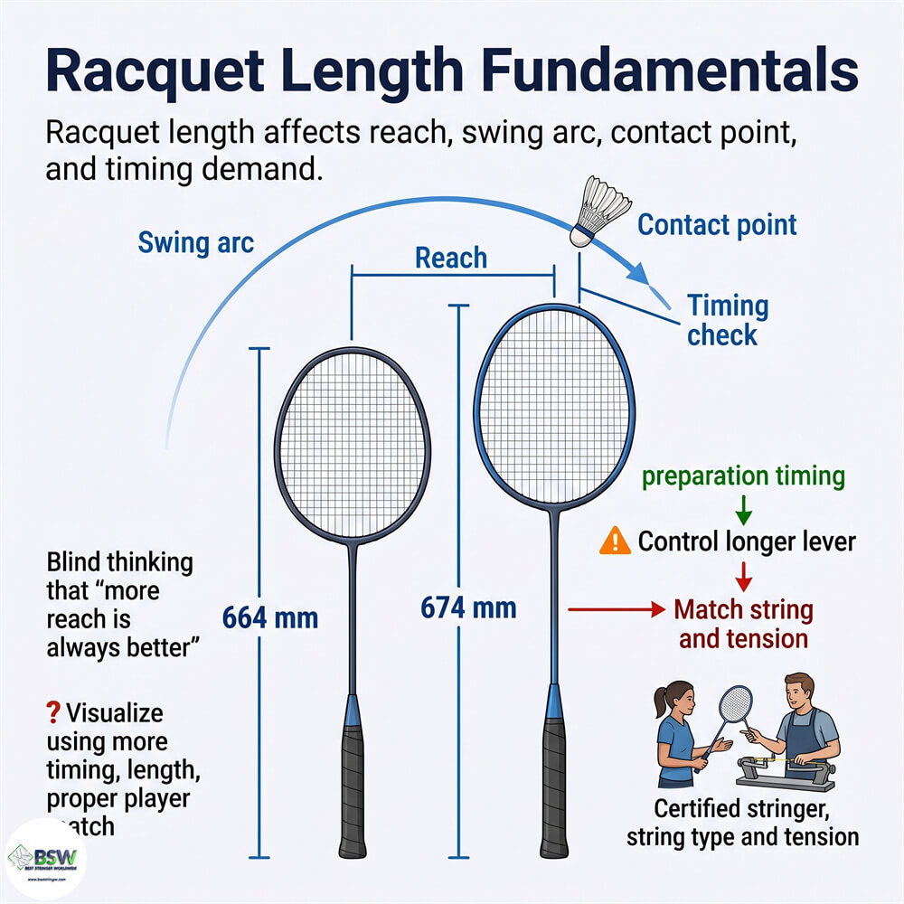 Badminton racquet length comparison showing standard 664 mm and longer 674 mm racquets