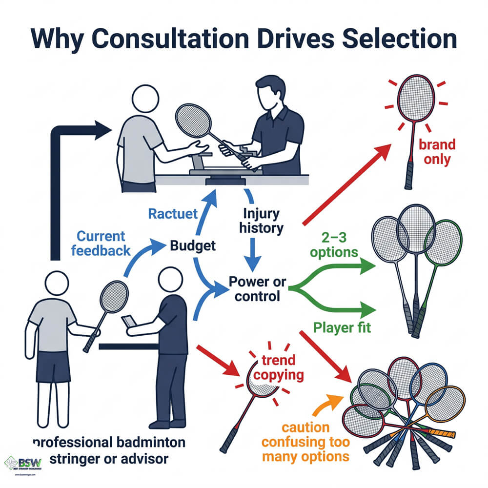 Badminton racquet selection consultation for player level, style, power, and control needs