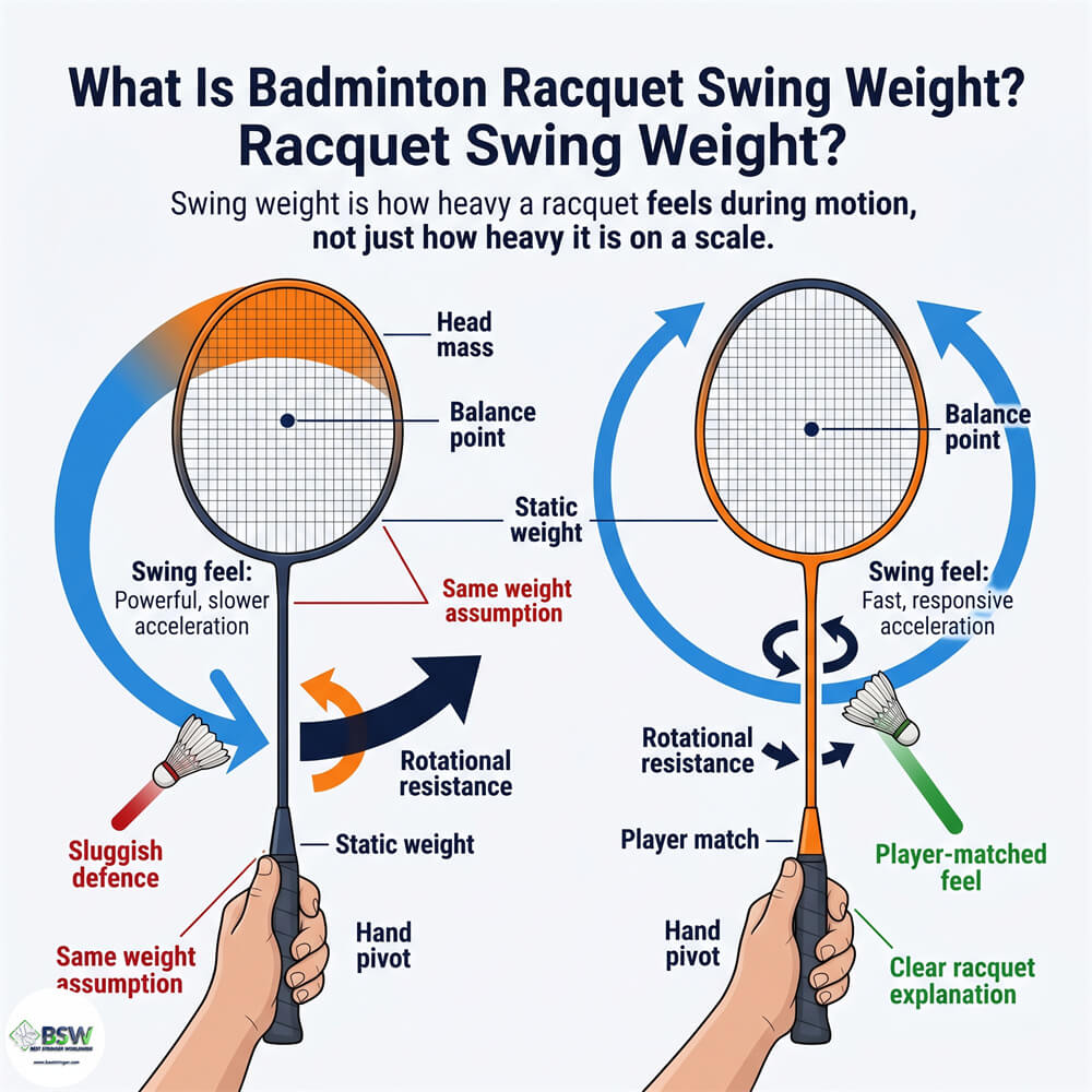 Badminton racquet swing weight comparison showing weight, balance point and length