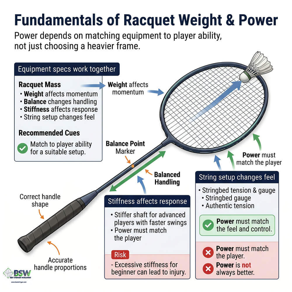 Badminton racquet weight and string basics showing a close-up of a heavier badminton racquet head
