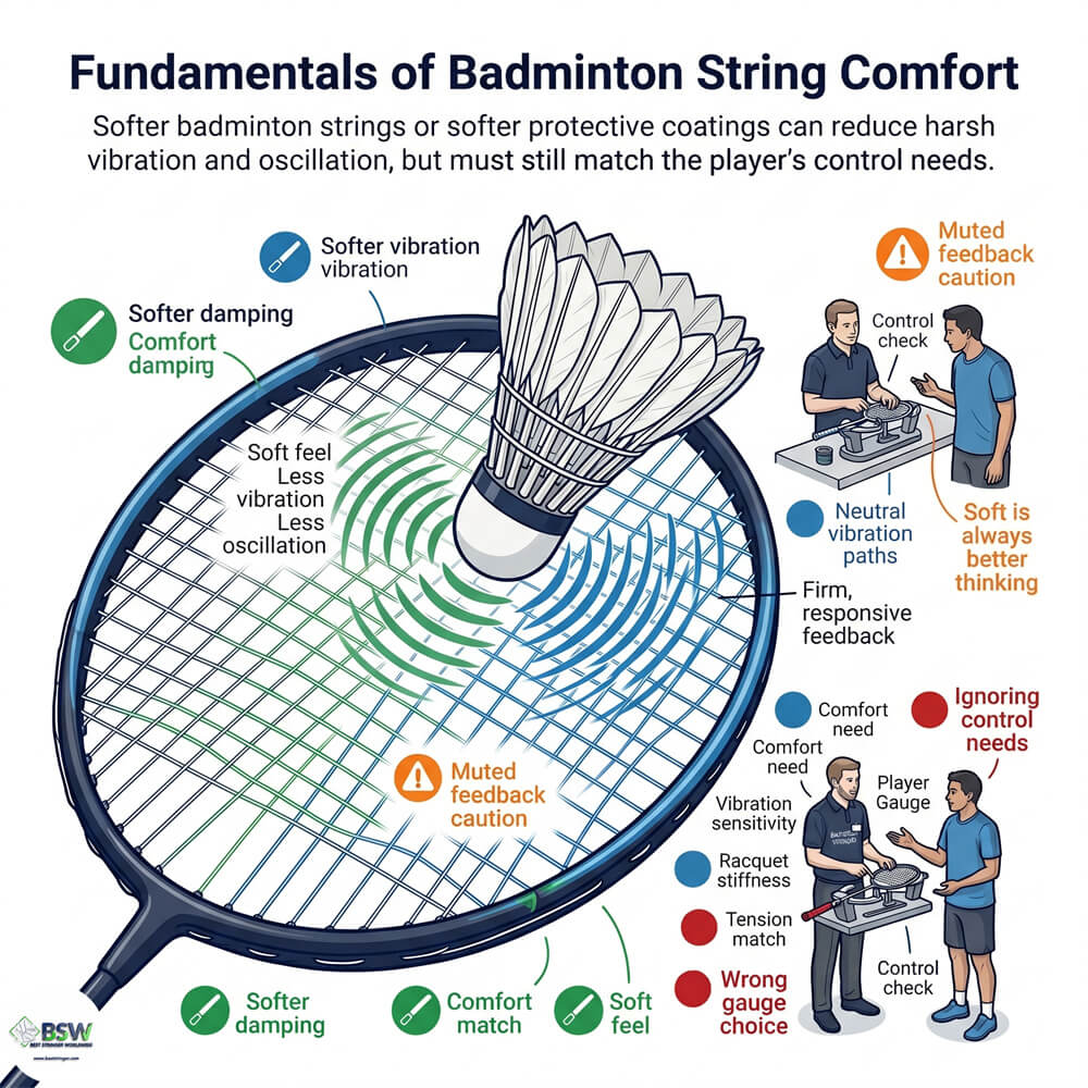 Badminton string softness and protective coating basics showing a close-up of a comfort-oriented badminton stringbed