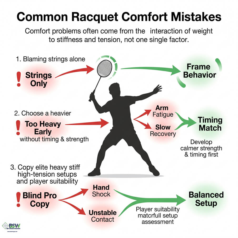 Badminton stringer diagnosing bad badminton player comfort and vibration control issues