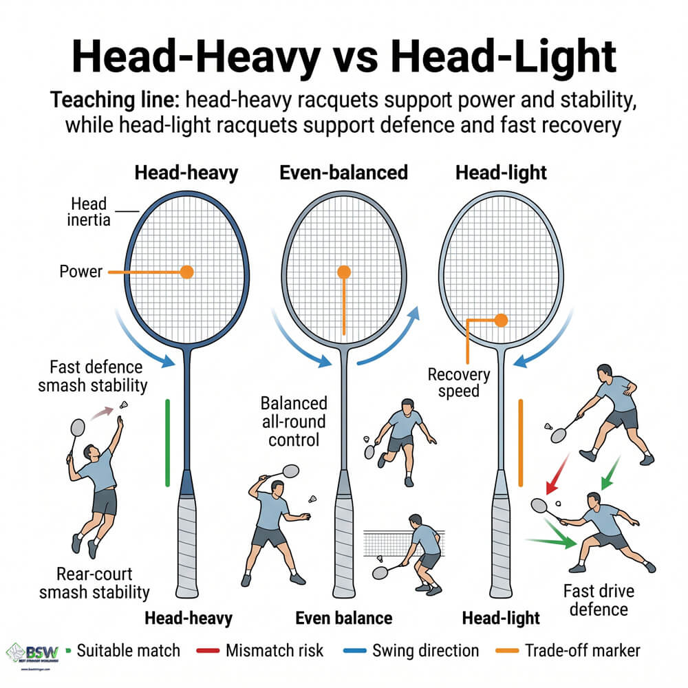 Badminton stringer explaining racquet balance point, weight and string tension