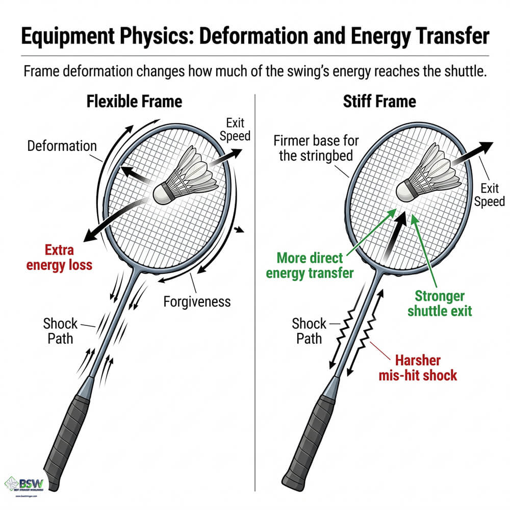 Badminton stringer explaining racquet frame stiffness and power feel
