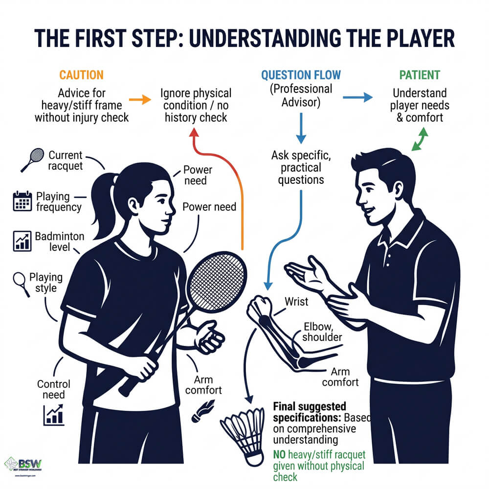 Badminton stringer explaining racquet weight, balance point, stiffness, and string tension