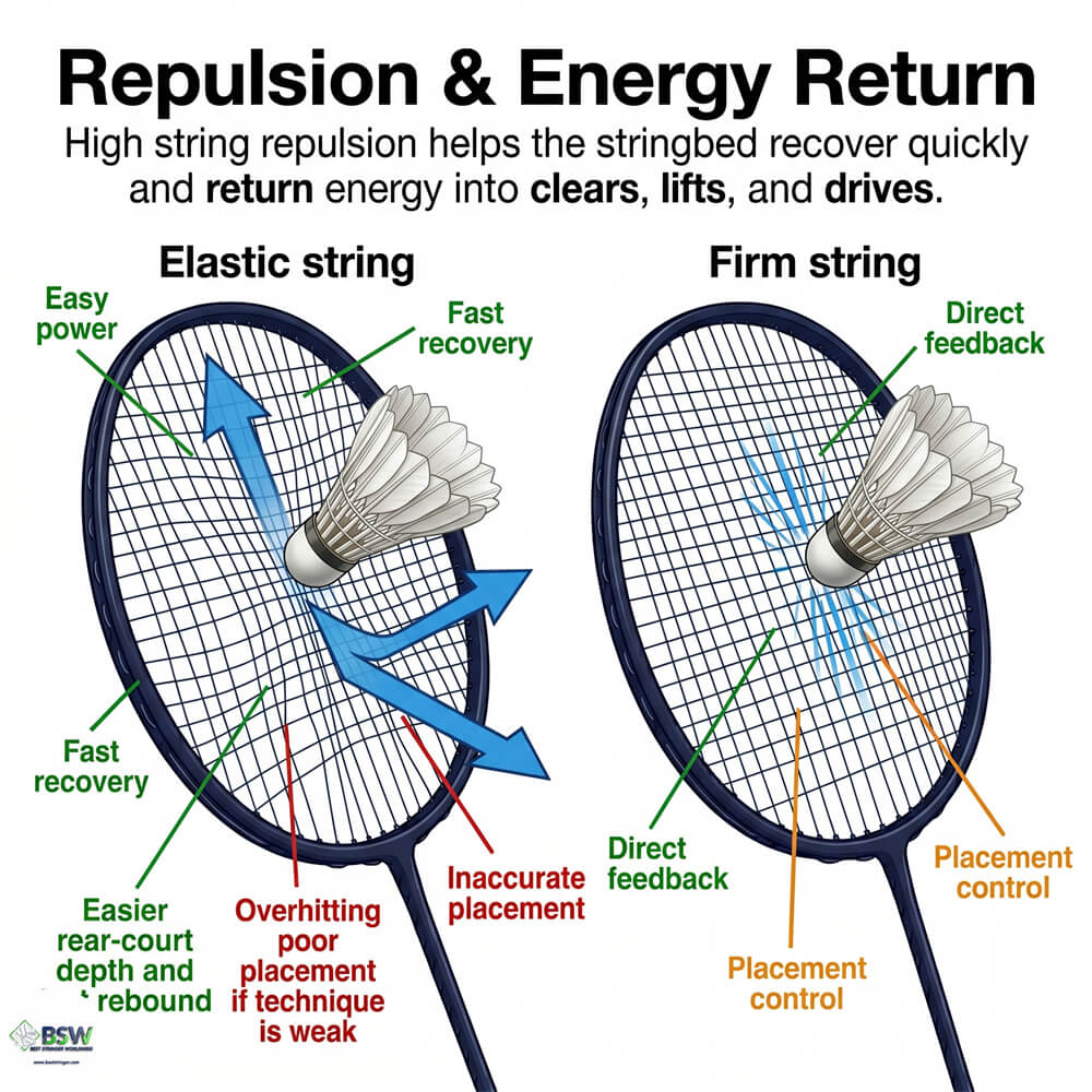 Badminton stringer explaining string elasticity, tension, power, and player suitability