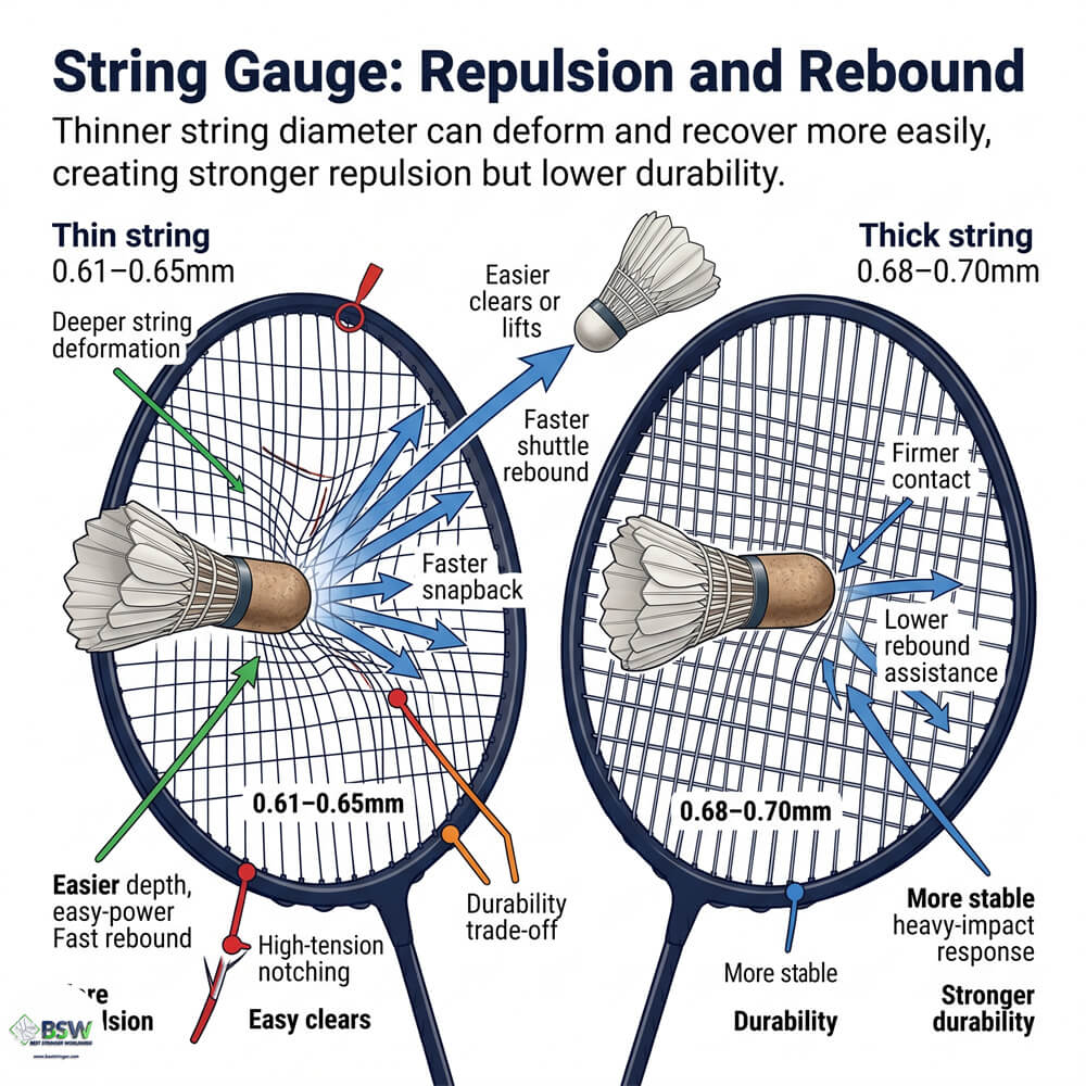 Badminton stringer explaining string gauge, tension, power, and durability