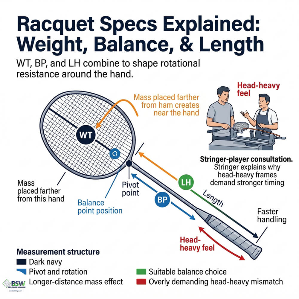 Badminton stringer explaining swing weight, balance point and string tension