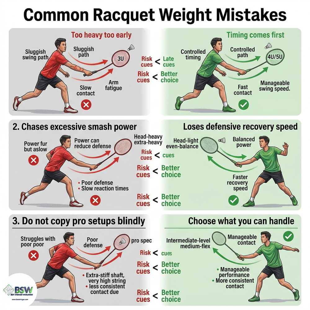 Badminton stringer pointing out a broken string resulting from poor tension on a powerful racquet