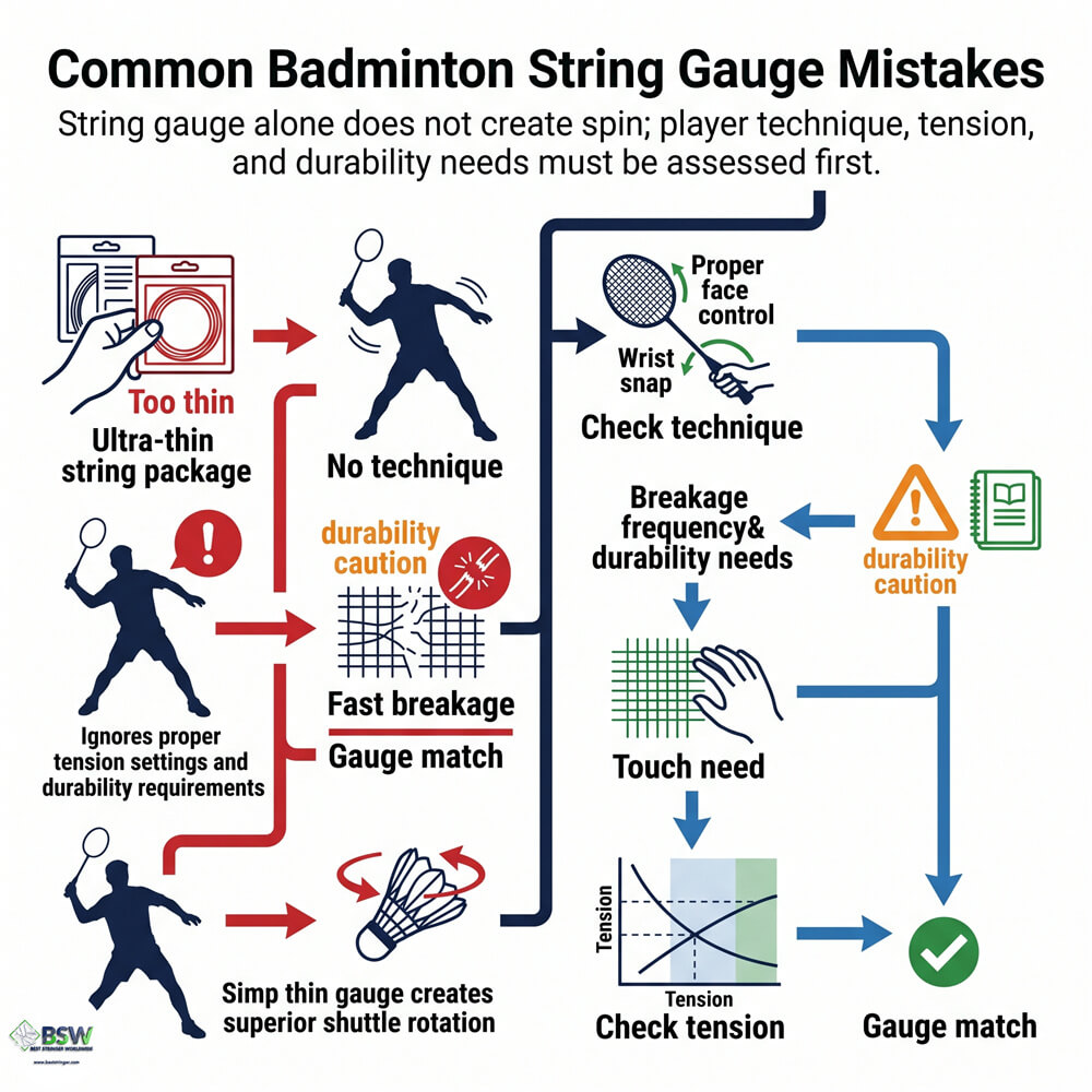 Badminton stringer pointing out a broken thin string resulting from frequent mishits