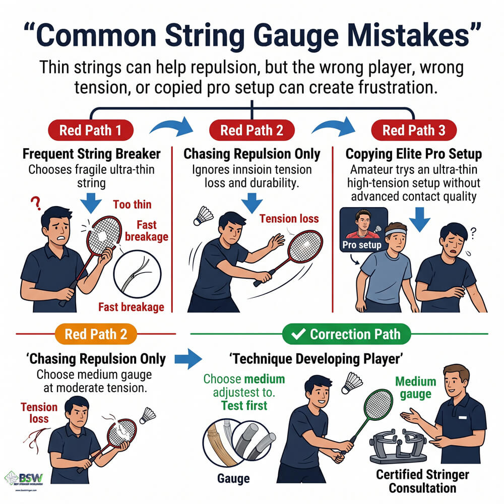 Badminton stringer pointing out a broken thin string resulting from high tension and mishits