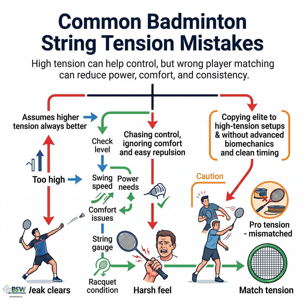 Badminton stringer pointing out a harsh stringbed resulting from poor tension selection
