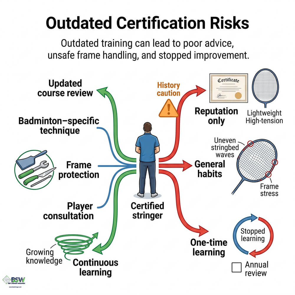 Badminton stringer pointing out an outdated stringing method on a modern frame