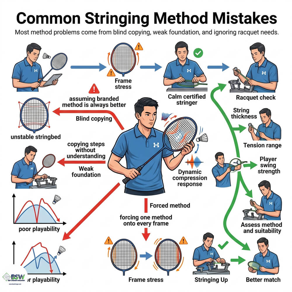 Badminton stringer pointing out an unstable stringbed resulting from poor technique despite a famous method name