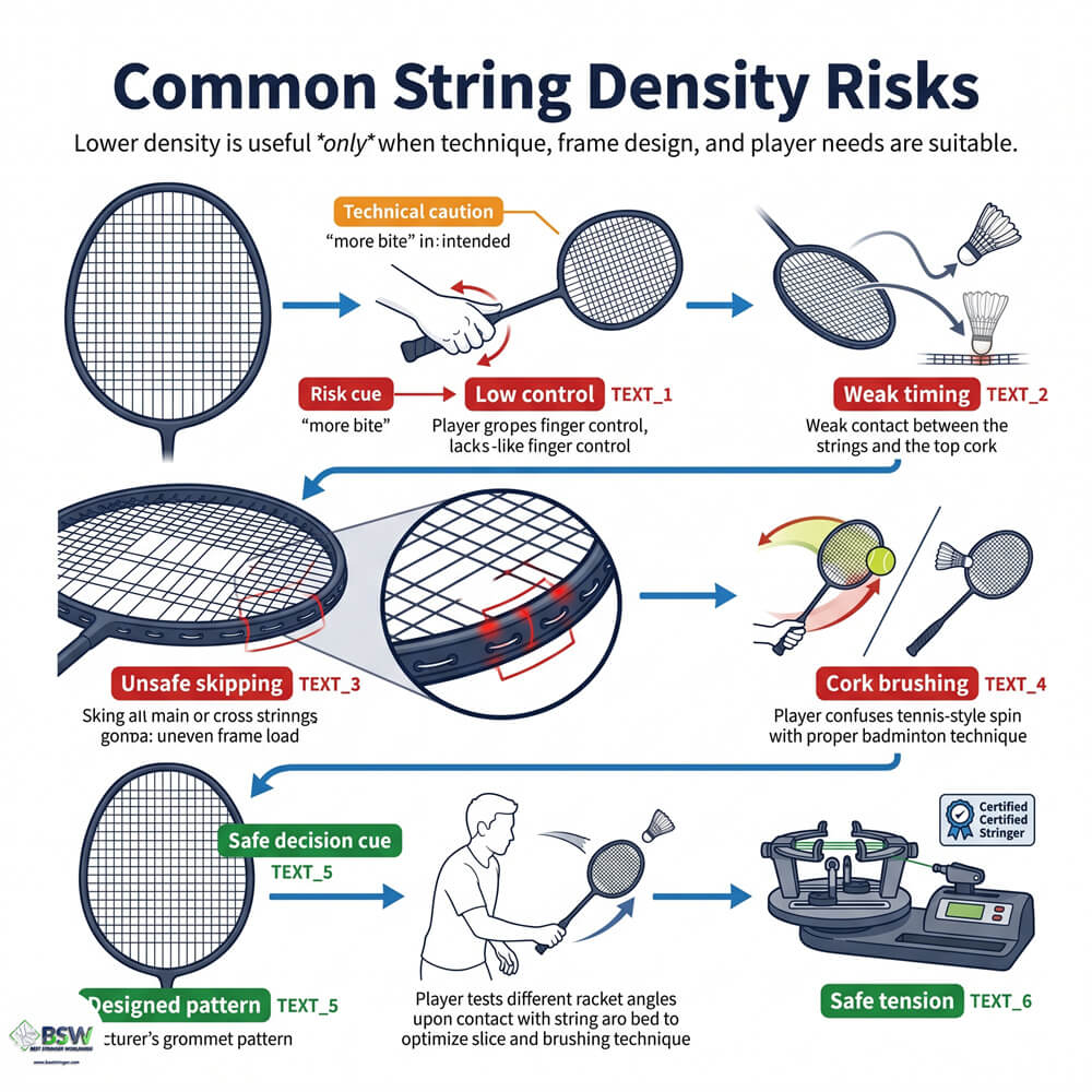 Badminton stringer pointing out correct hole patterns and frame safety over unsafe string skipping