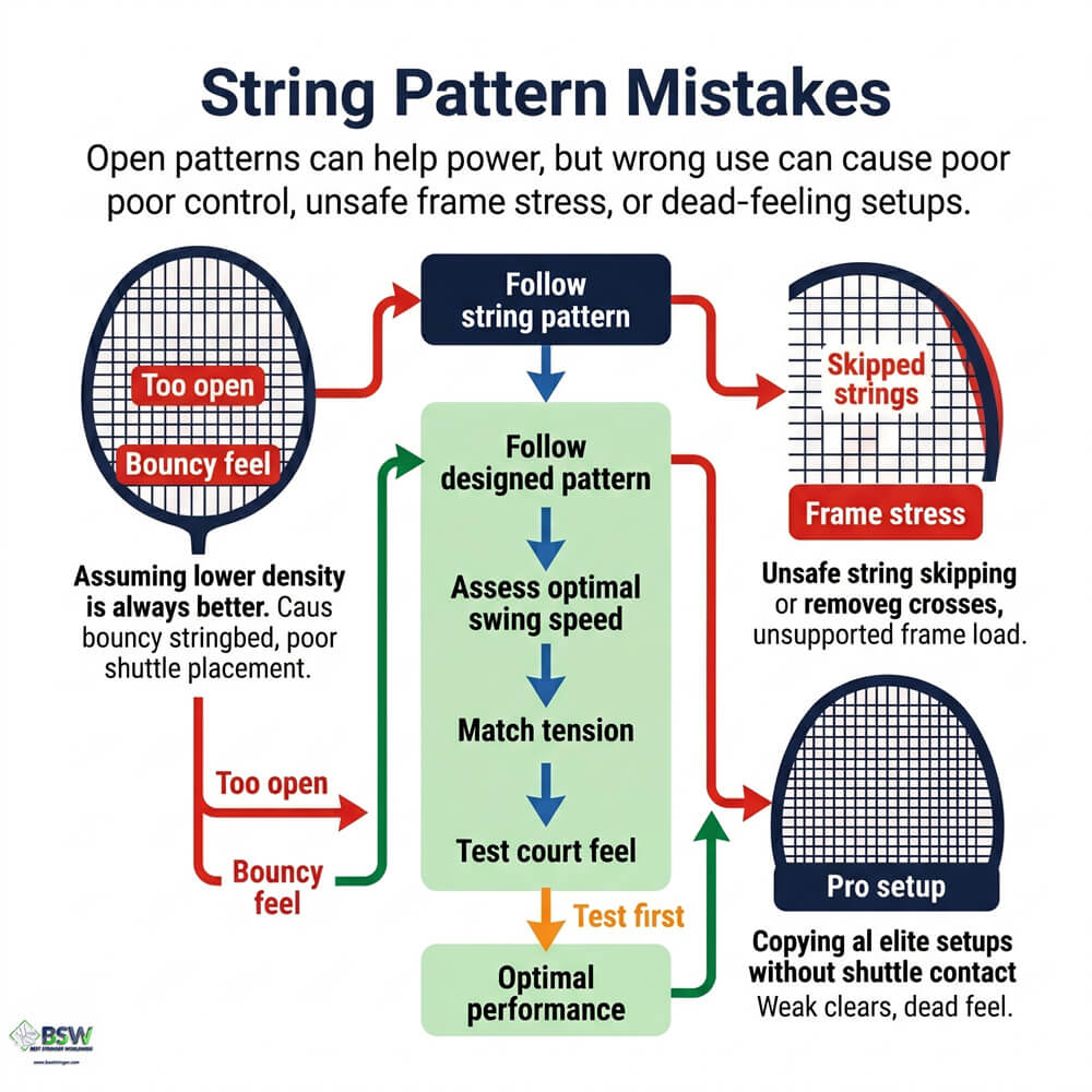 Badminton stringer pointing out frame safety and correct stringing pattern for optimal power