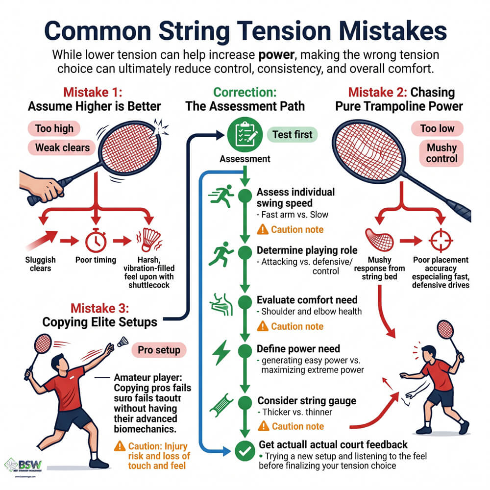 Badminton stringer pointing out poor control resulting from unsuitable high tension on a racket
