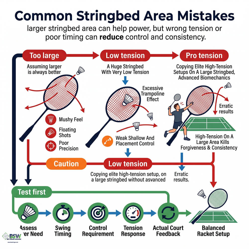 Badminton stringer pointing out stringbed stiffness issues from poor tension on a larger stringbed area