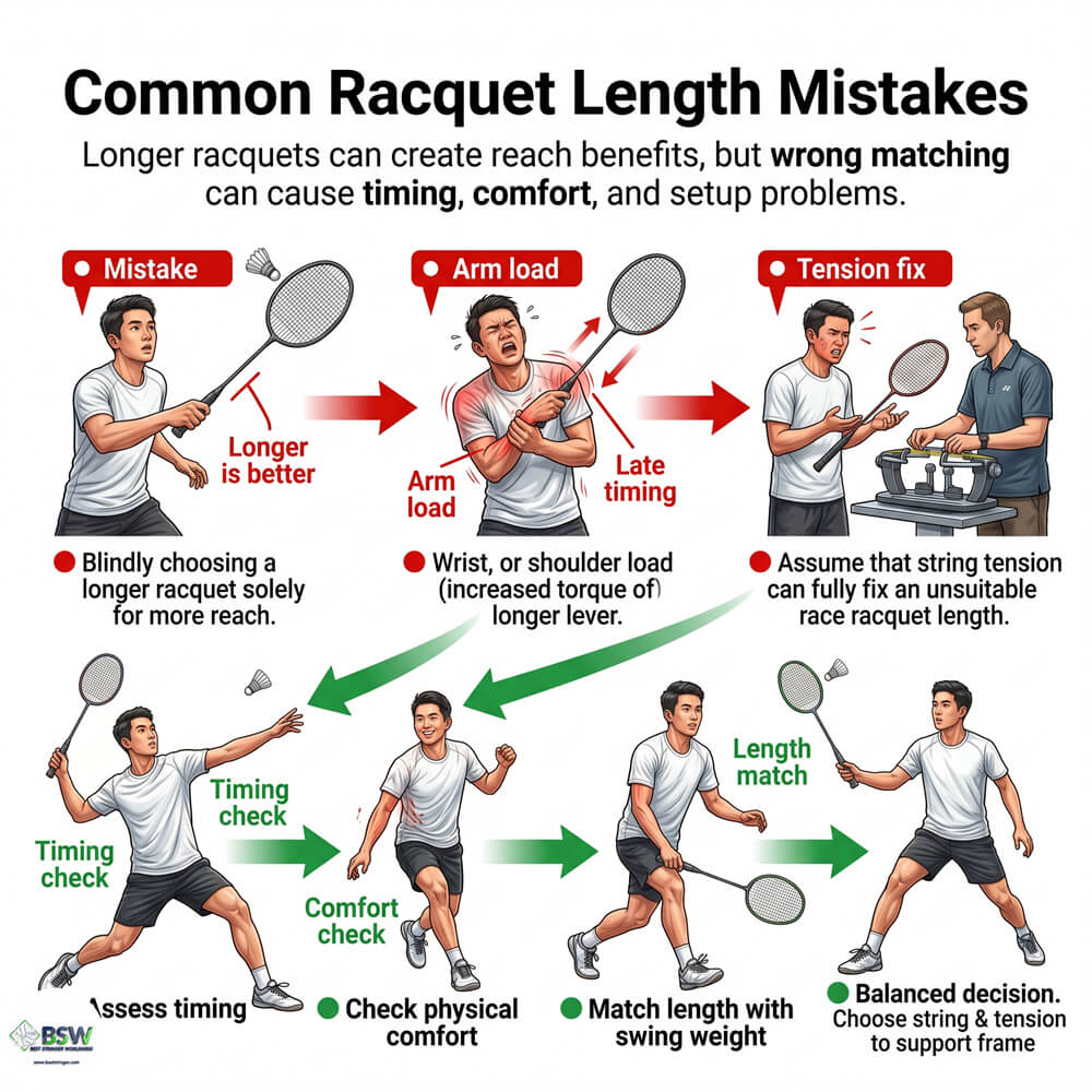 Badminton stringer pointing out timing demands and wrist load on an unsuitable longer racquet
