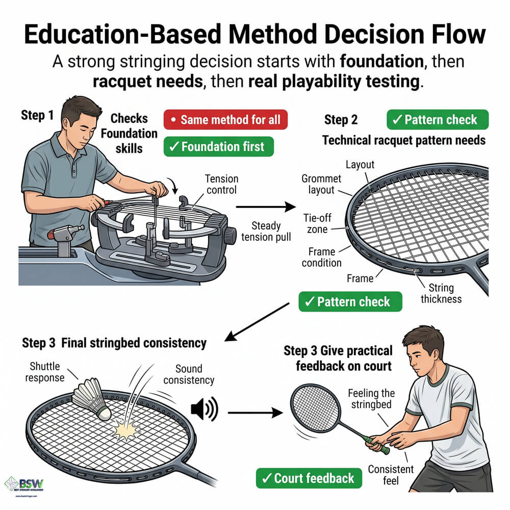 Badminton stringer selecting a suitable method based on racquet design and player needs