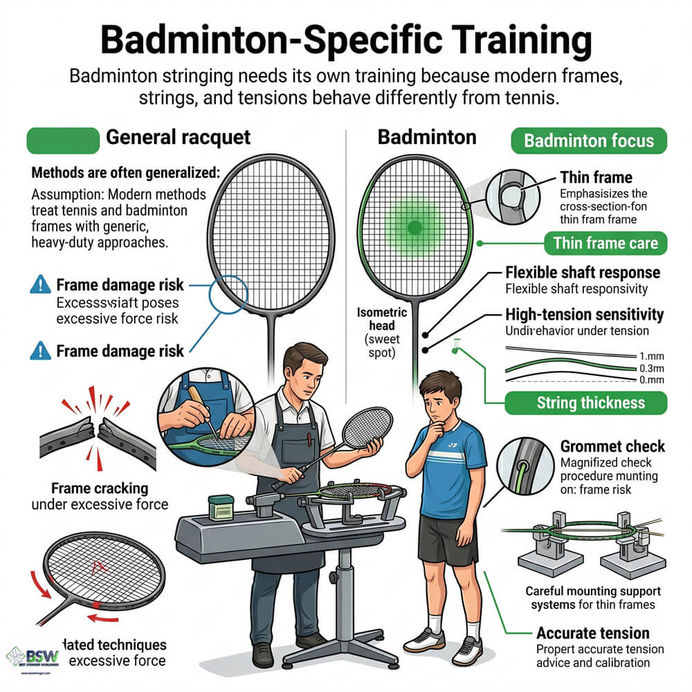 Certified stringer advising badminton player on string and tension choice
