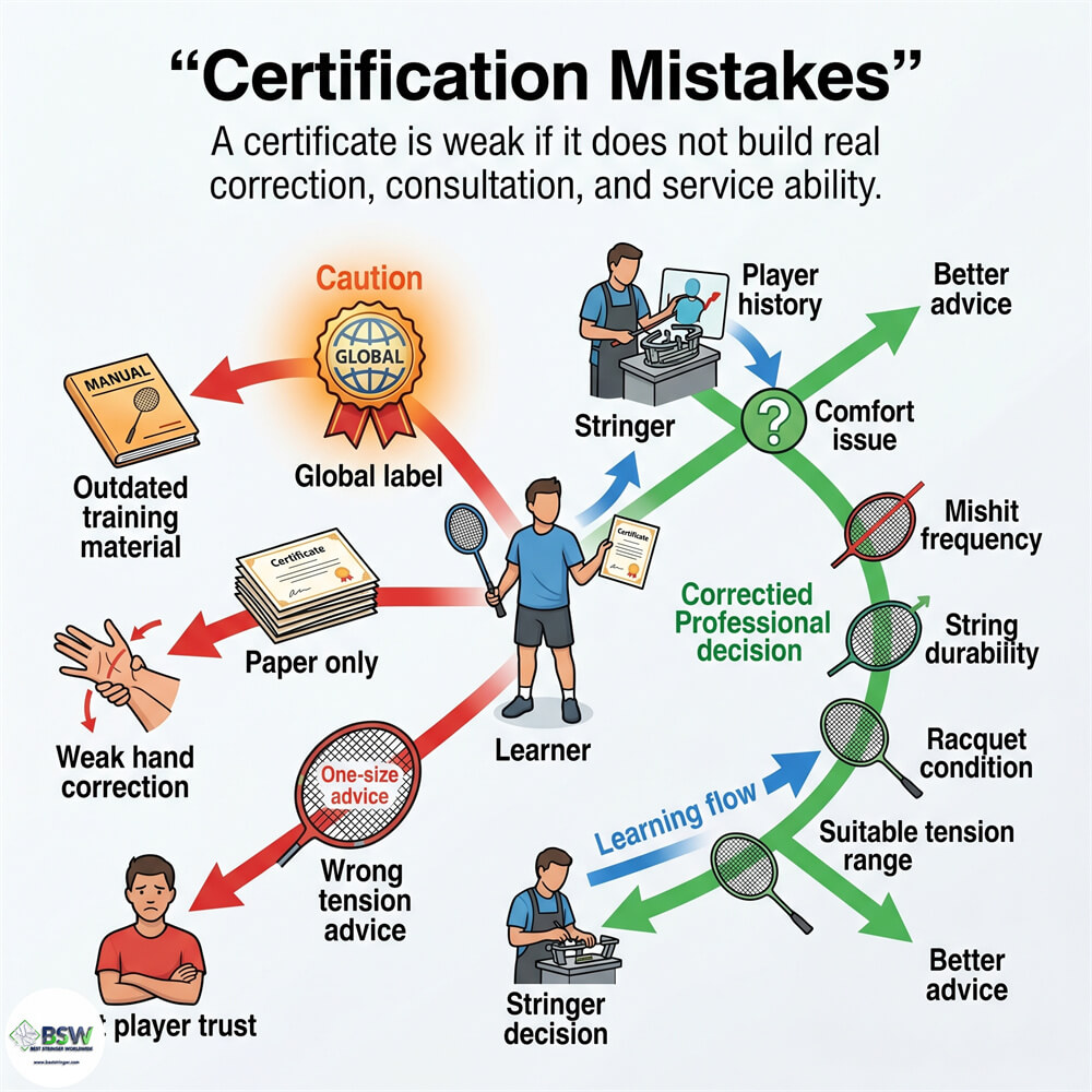 Certified stringer advising badminton player on string and tension choice