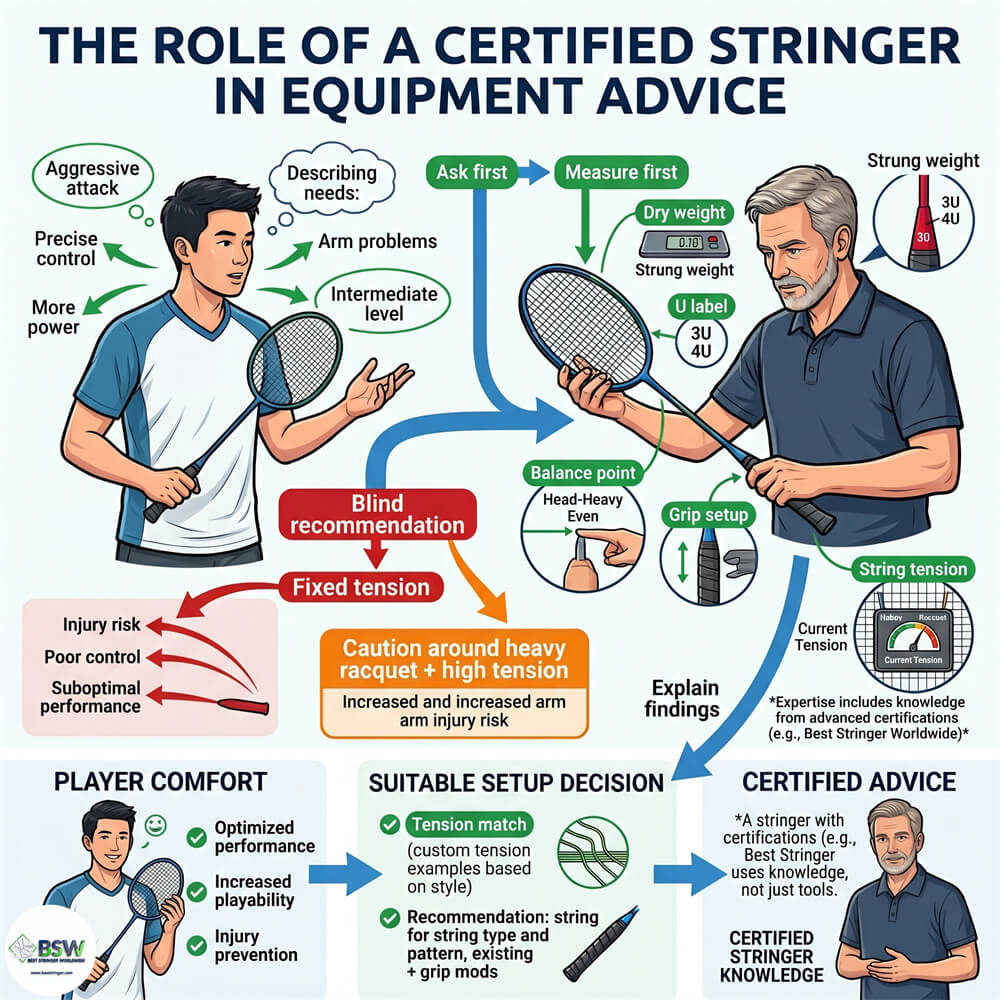Certified stringer advising on racquet weight, tension and balance point