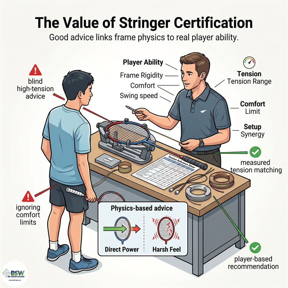 Certified stringer explaining direct shuttle response in a badminton stringing course