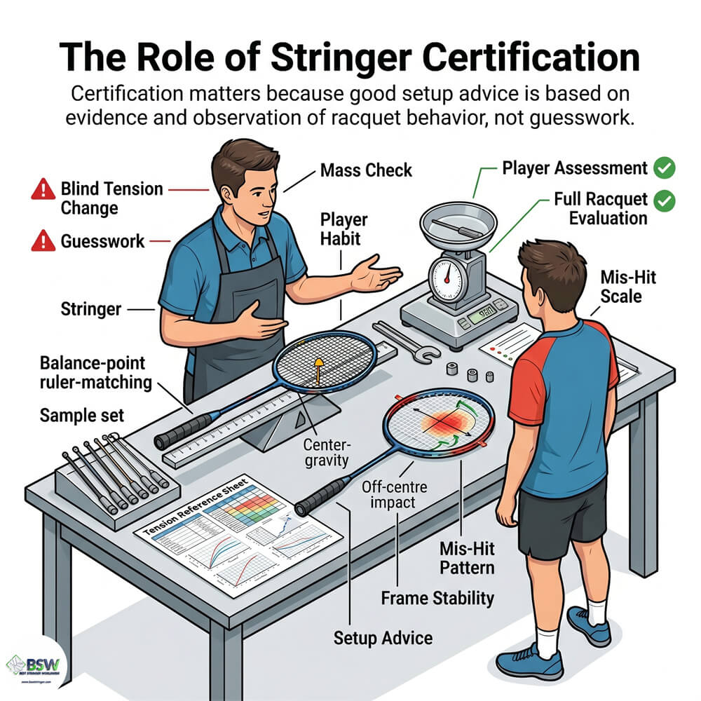 Certified stringer explaining effective sweet spot size in a badminton stringing course