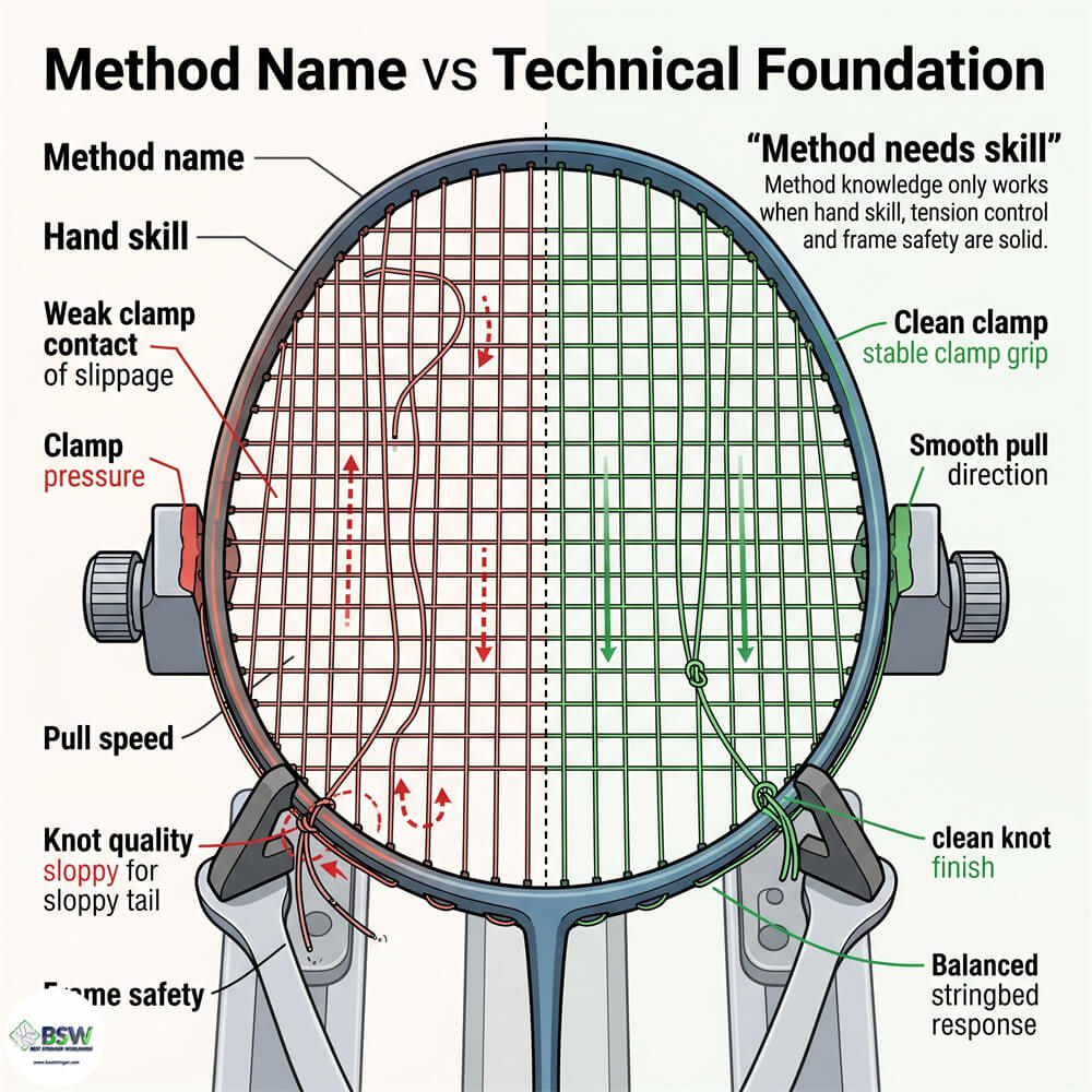Certified stringer explaining method suitability and tension control