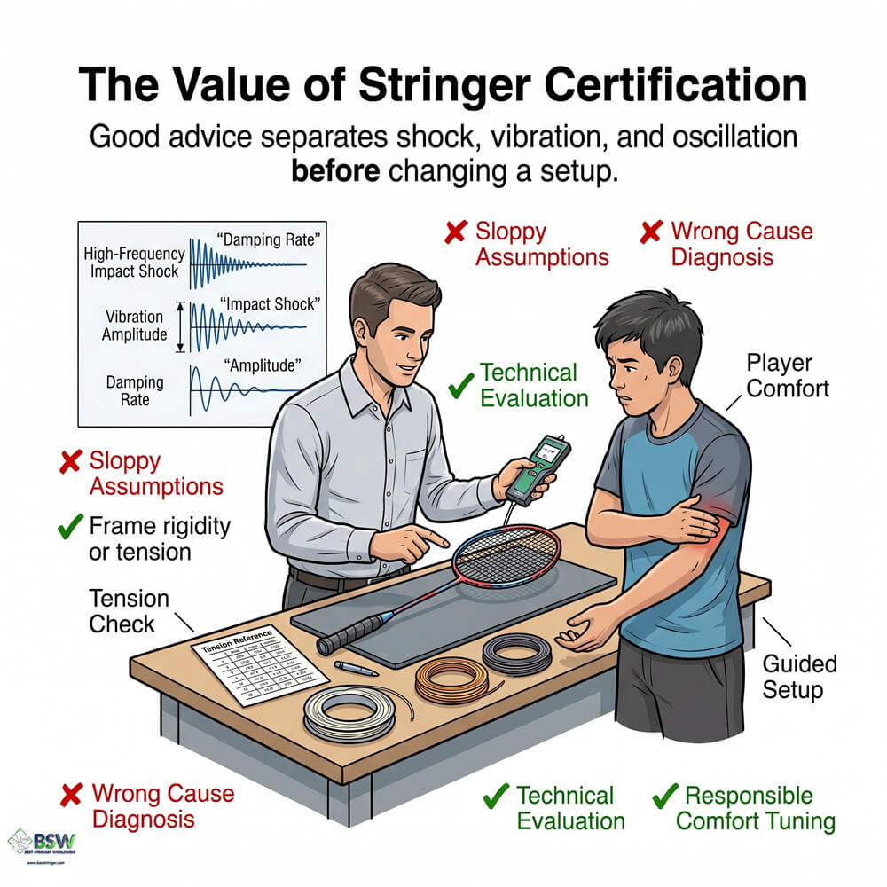 Certified stringer explaining racquet damping and oscillation in a badminton stringing course