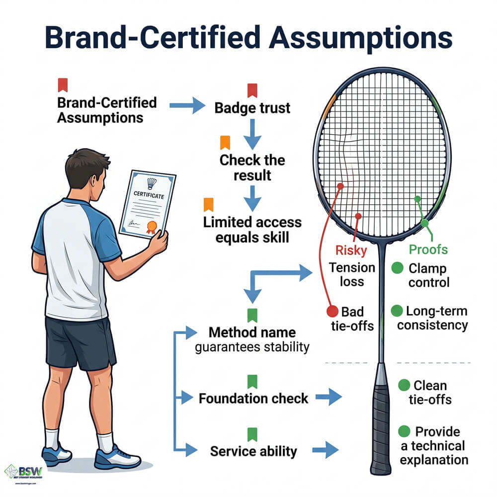 Certified stringer explaining string choice and frame condition to a badminton player