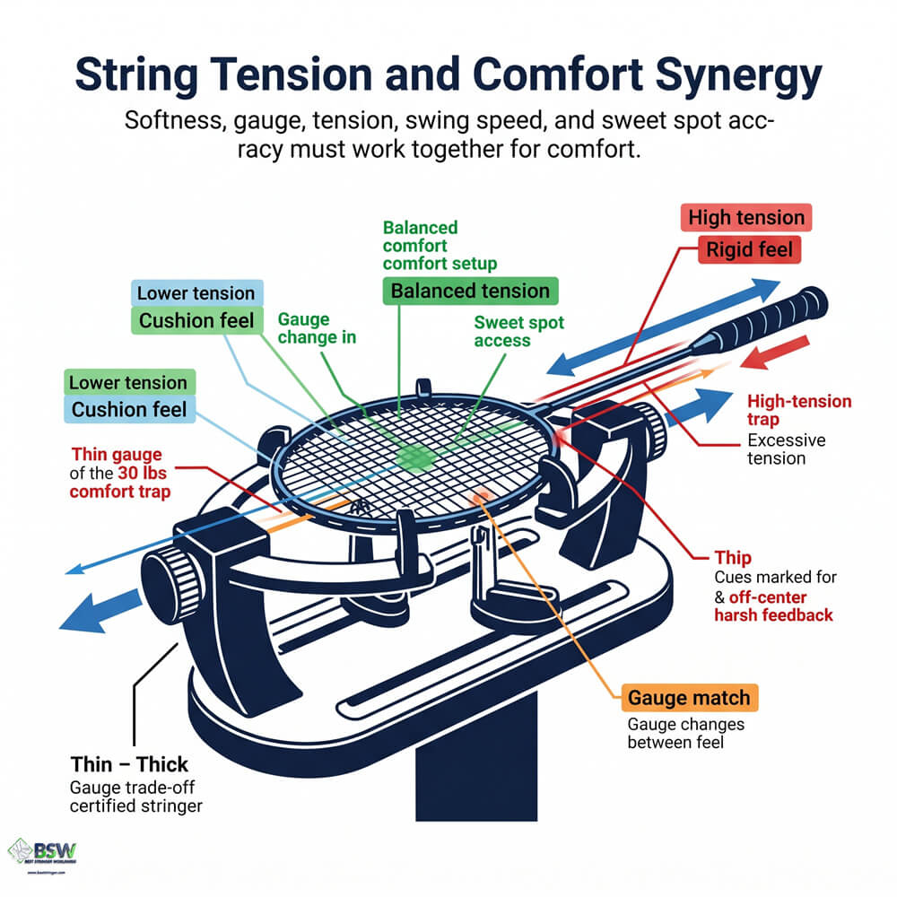 Certified stringer explaining string gauge and tension basics for a softer badminton string setup