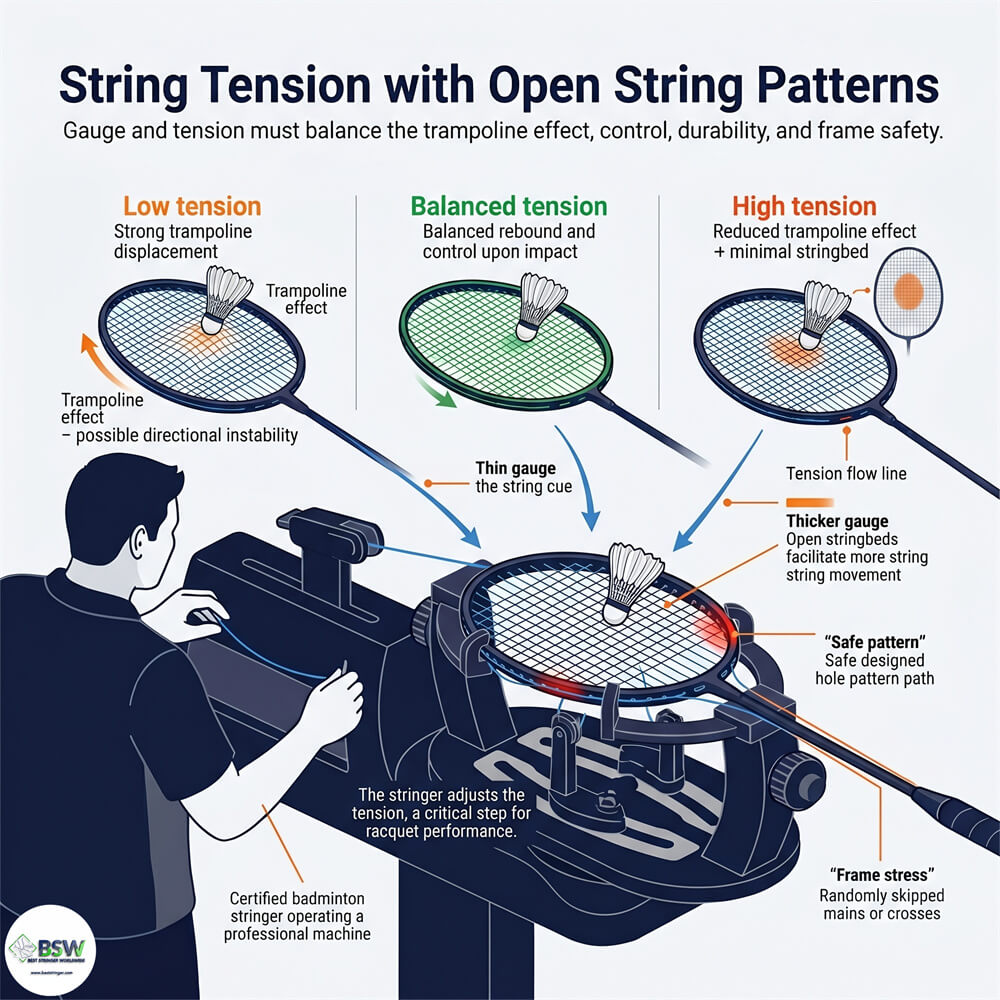 Certified stringer explaining string gauge and tension basics for an open badminton string pattern