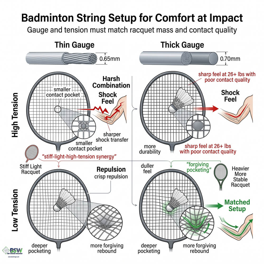 Certified stringer explaining string gauge basics and comfort at impact for a heavier badminton racquet