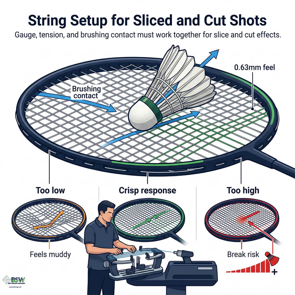 Certified stringer explaining string gauge basics and spin potential for badminton racquets